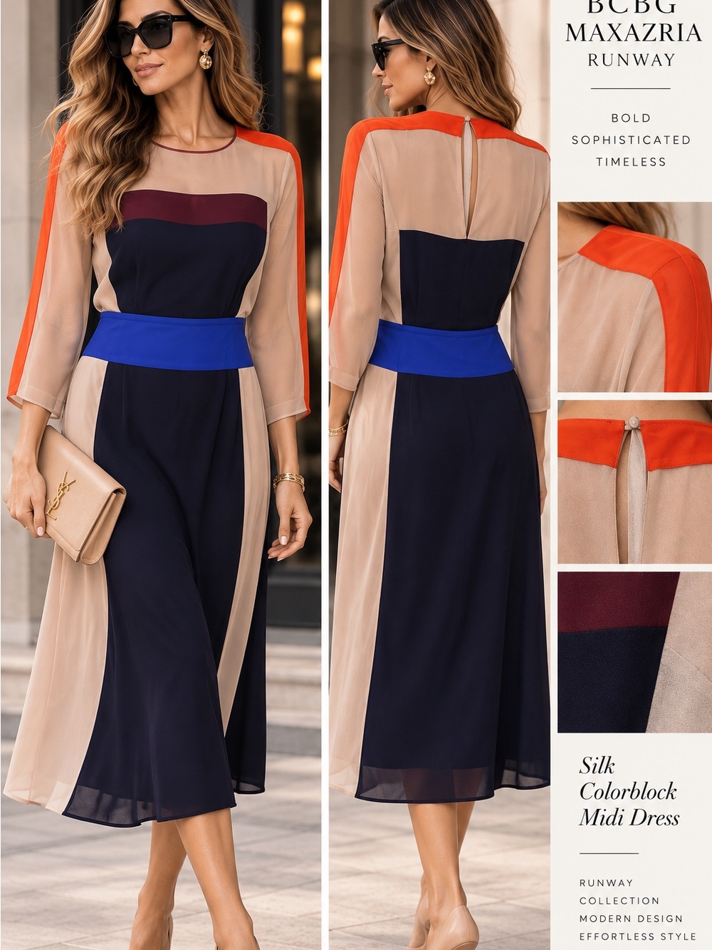 BCBGMaxAzria Runway Silk Colorblock Midi Dress Sheer 3/4 Sleeves Rare